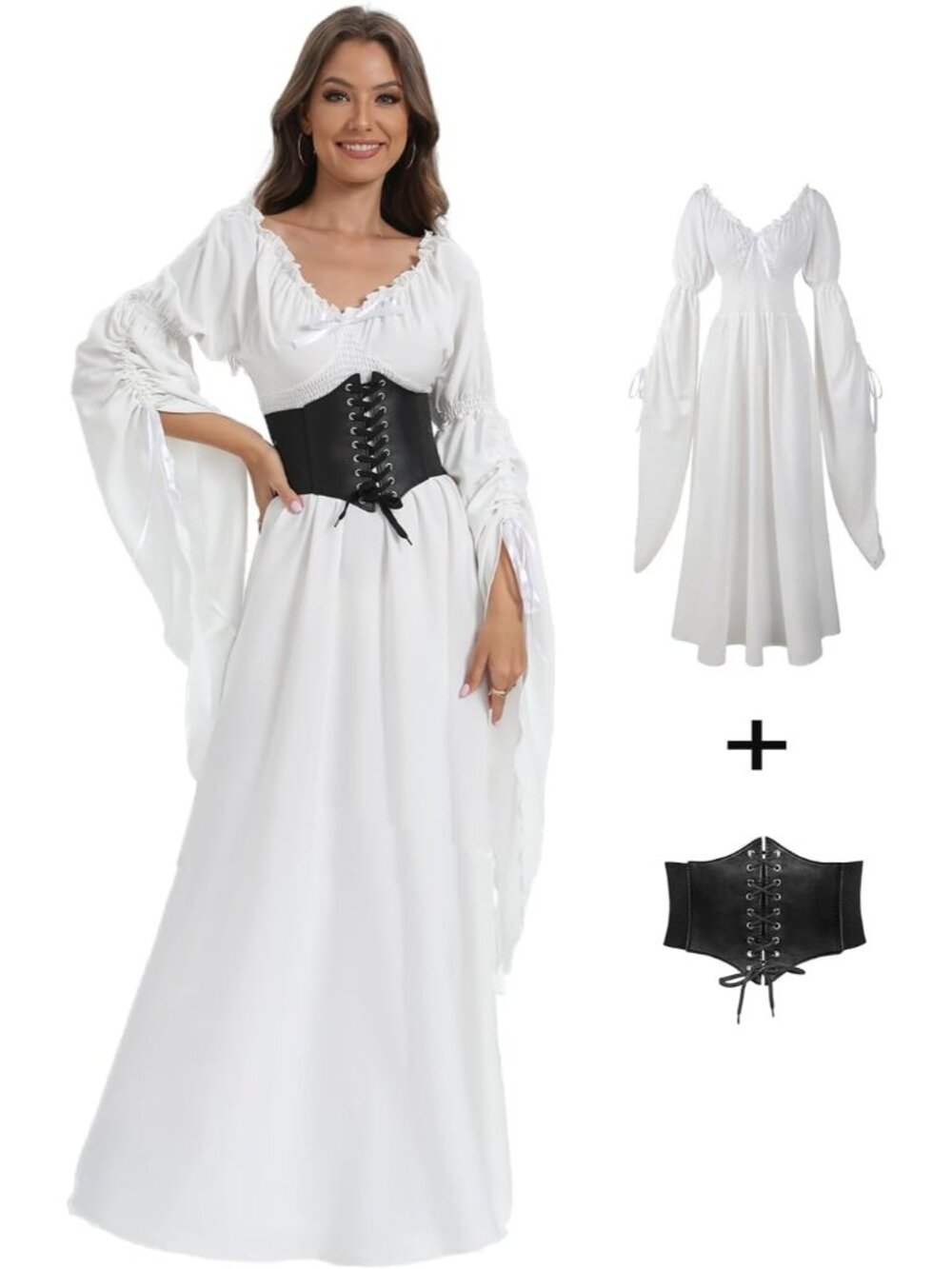 🎃 Women White Renaissance Witch Dress Peasant Gothic Fairy Halloween Costumes